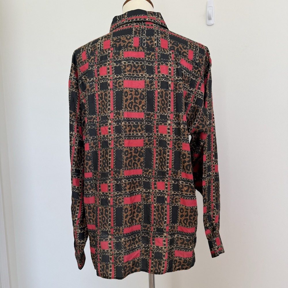 Vintage Anna and Frank 100% Silk Button Down Blouse Leopard Chain Classic Size L - Picture 6 of 12